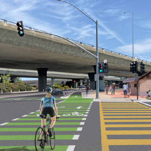 Artist rendering of a multimodal vision for Fashion Island Boulevard and 19th Avenue in San Mateo